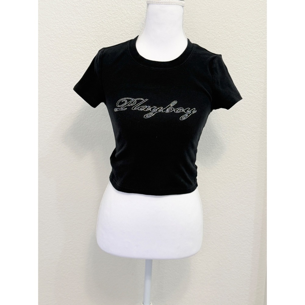 Playboy by PacSun Black Ribbed Rhinestone Logo Baby Tee Crop Top Small